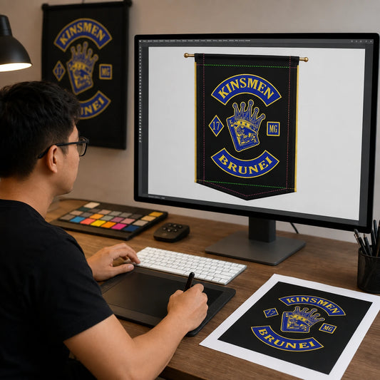 A motorcycle club president and treasurer review a full-size custom flag proof before production.