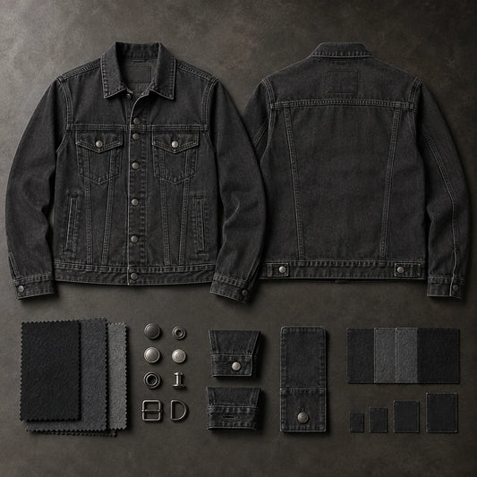 Washed-black denim club jacket with coordinated specification samples ready for confirmation.