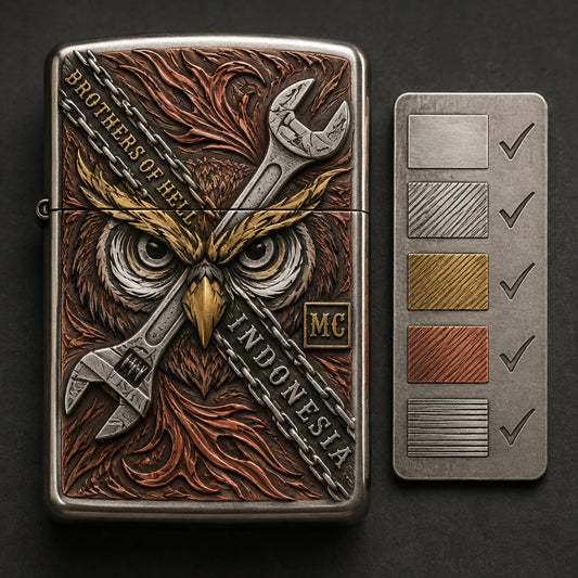 Motorcycle club organizers reviewing an authorized multi-metal lighter design
