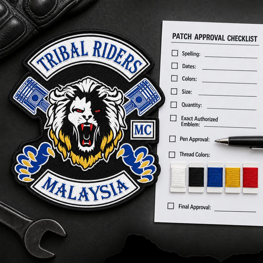 Motorcycle club memorial patch details reviewed before production.