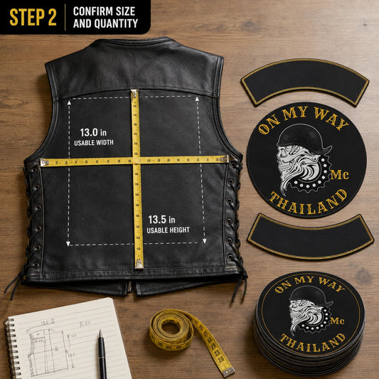 Leather motorcycle vest measured for custom center patch and rocker dimensions before ordering.
