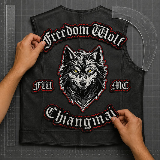 Motorcycle club center patch and curved rockers arranged together to confirm the complete vest layout.