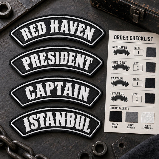 Finished name-bar samples aligned beside a neatly printed member roster for spelling and quantity confirmation, showing custom motorcycle club name bar patch options.