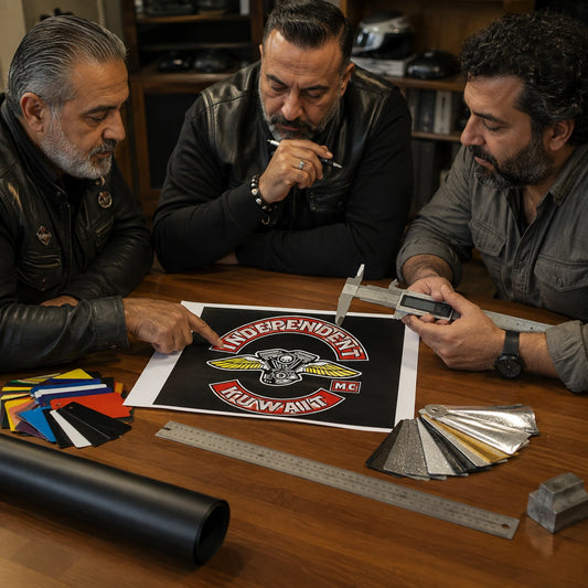 Club officers confirming sticker size, material and finish with a production advisor before manufacturing.