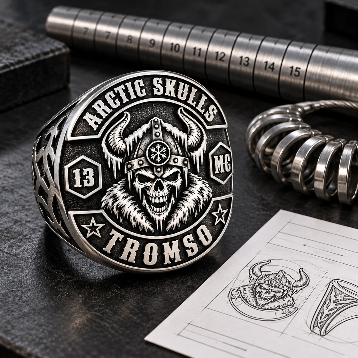 Arctic Skulls motorcycle club confirming artwork and member details for white copper rings.