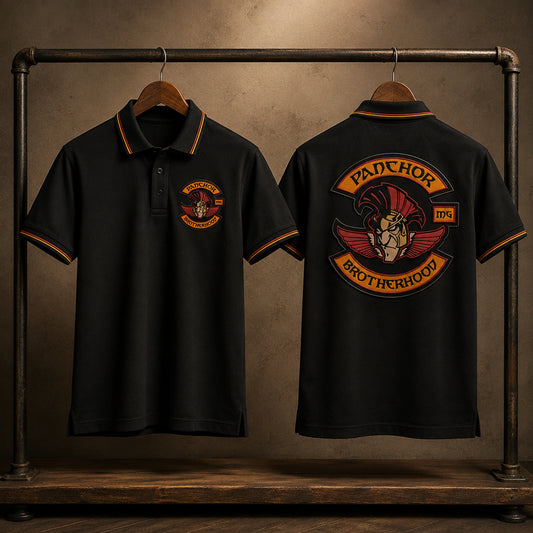 Black Panchor Brotherhood polo samples on a rack show contrast collar and cuffs, left chest and sleeve details, and a large back logo.