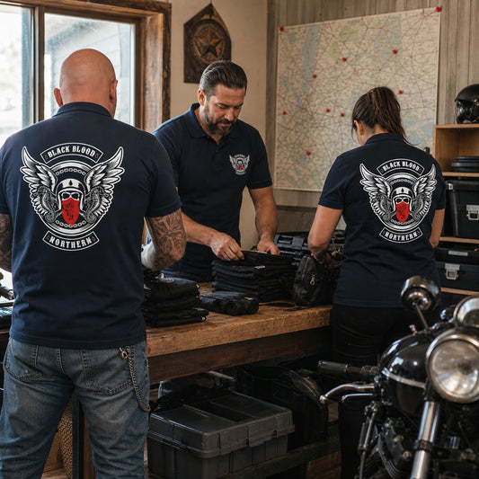 Black Blood Northern members prepare rally supplies in navy polos with matching left chest emblems and large back artwork.