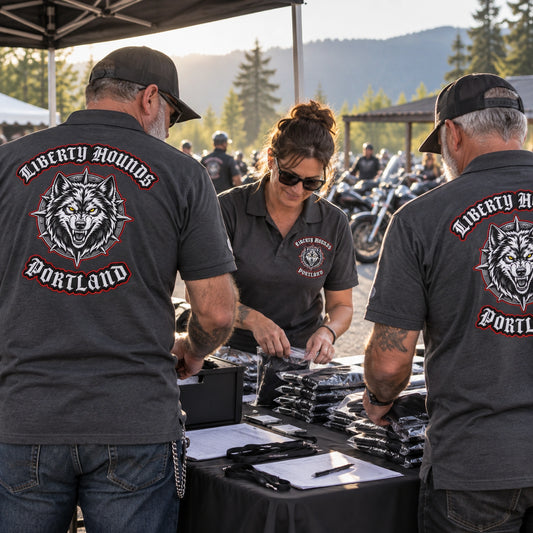 Liberty Hounds Portland volunteers prepare rally registration kits in coordinated charcoal motorcycle club polos.