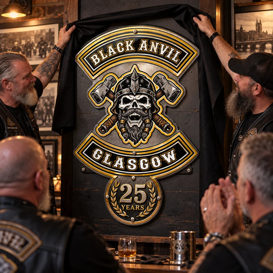 Custom motorcycle club anniversary metal sign presented during a chapter milestone celebration.