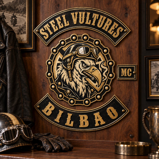 Antique-look motorcycle club metal sign designed for a heritage clubhouse display.