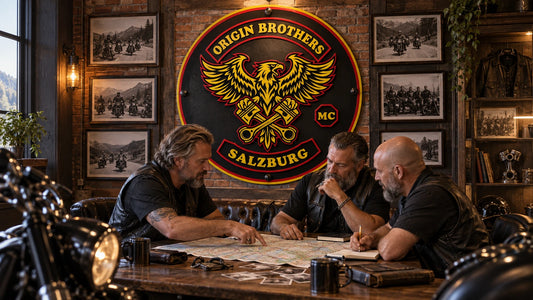 Motorcycle club members planning a ride beneath a permanent custom metal club sign and chapter history photographs.