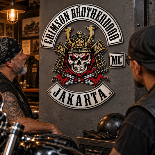 Custom motorcycle club metal sign built around an authorized club logo as the centerpiece.