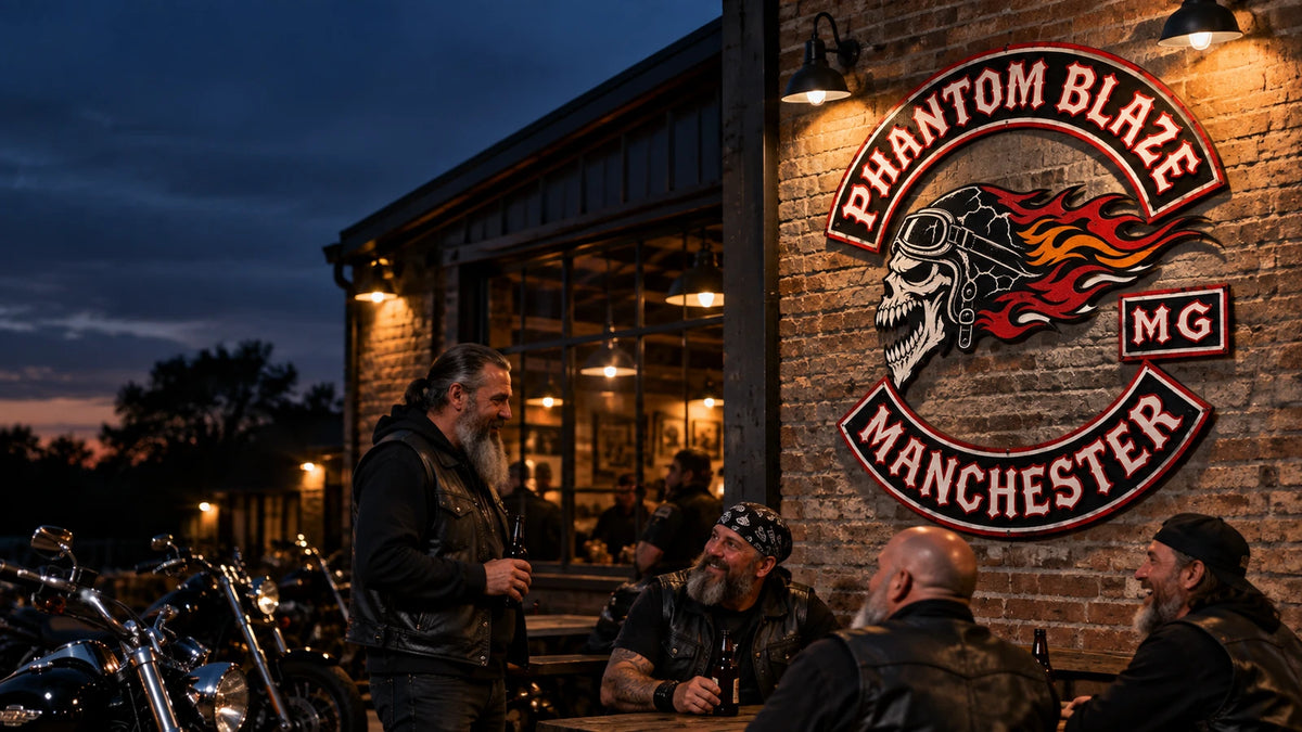 Custom motorcycle club metal sign with an approved club logo displayed inside a brick clubhouse.