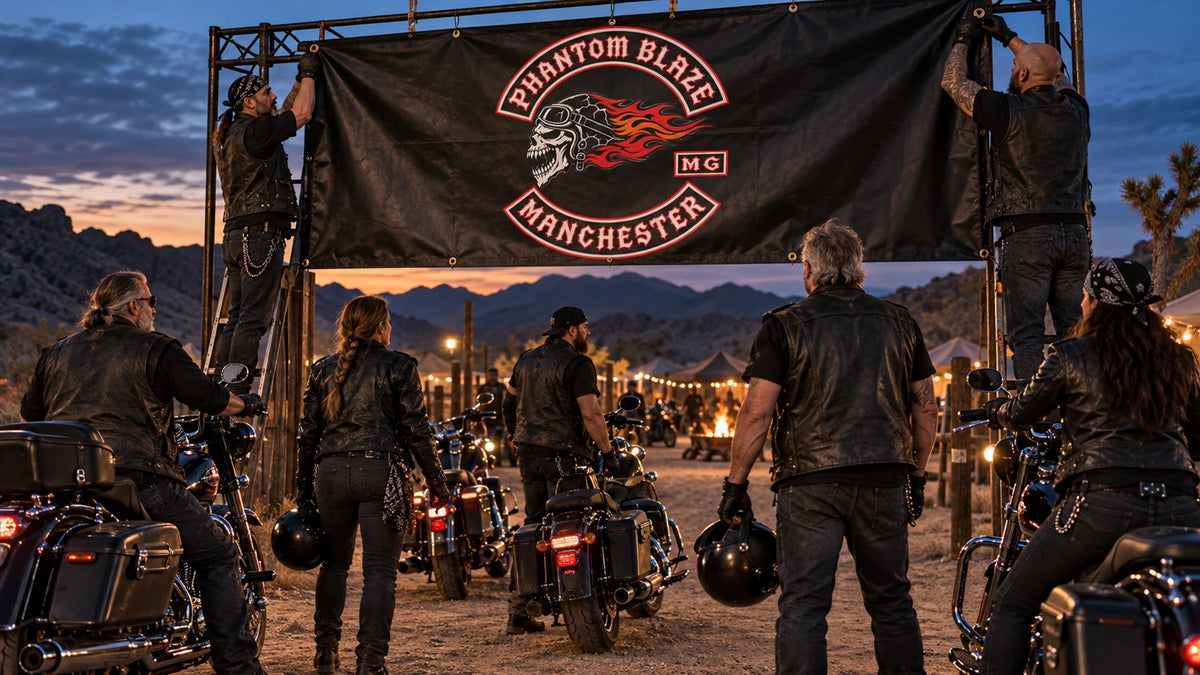 Motorcycle club riders displaying a custom event banner at a sunrise V-twin rally.