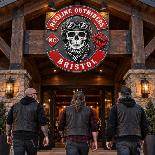 Large motorcycle club metal sign creating a strong identity at a covered clubhouse entrance.