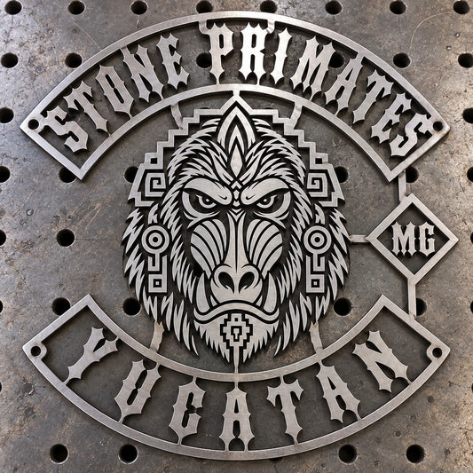 One-piece laser-cut motorcycle club metal sign with open negative spaces, connector frame and mounting holes.