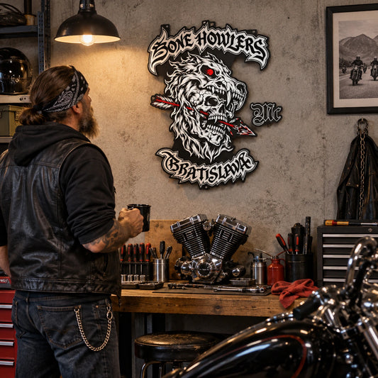 Medium motorcycle club metal wall sign mounted above a V-Twin garage workbench.