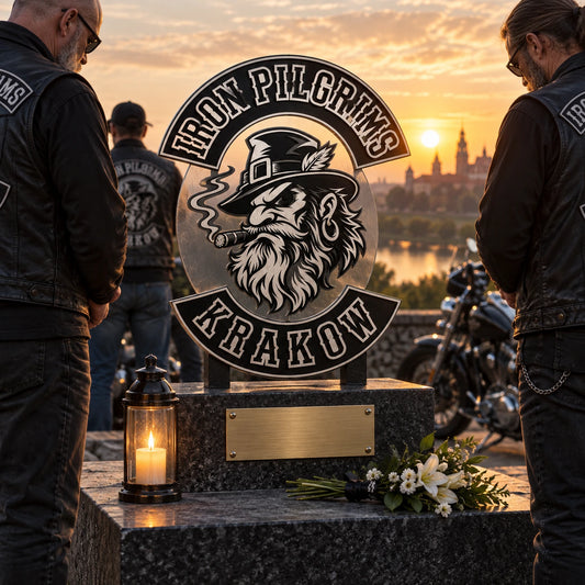 Respectful motorcycle club memorial metal sign displayed during a quiet remembrance gathering.