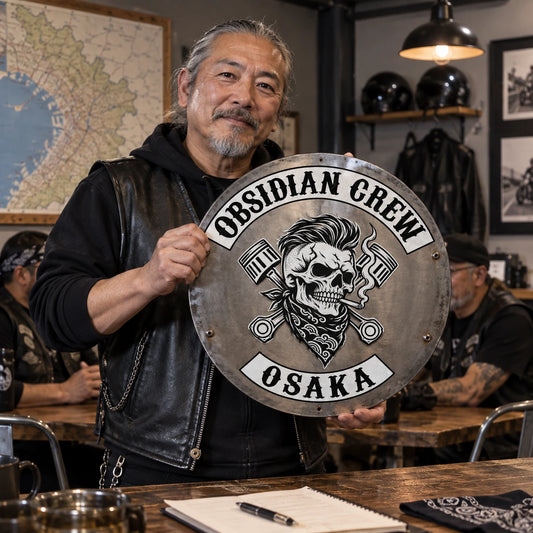 Chapter-specific motorcycle club metal sign displayed in a club meeting room.