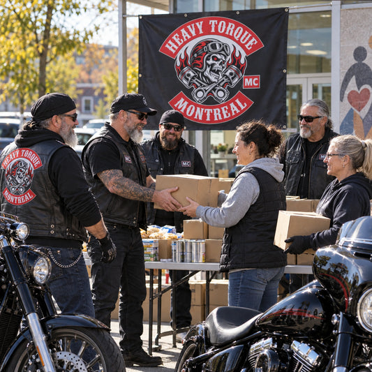 Motorcycle club riders delivering donated supplies beneath their custom charity ride banner.