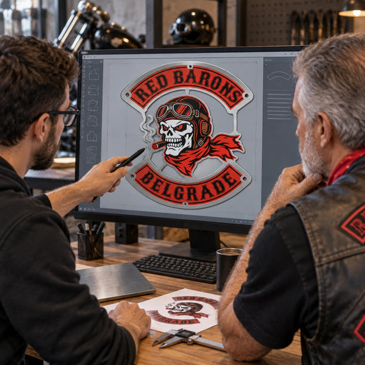 Designer and motorcycle club representative reviewing a metal sign production proof together.