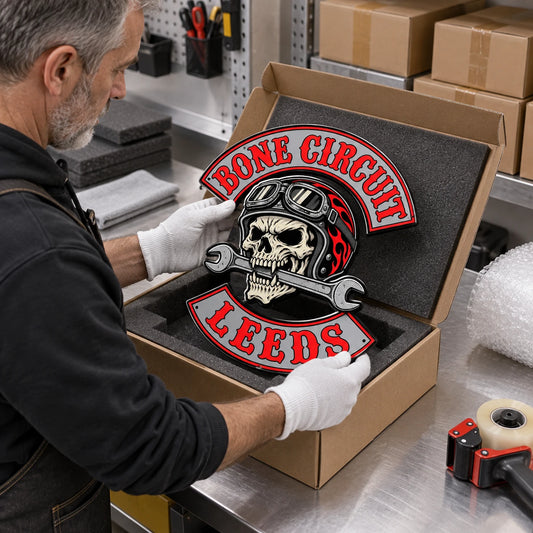 Finished motorcycle club metal sign being inspected and packed in protective foam for shipping.
