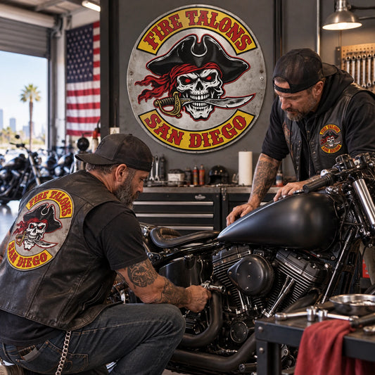 Motorcycle club metal sign mounted in a workshop where members maintain a V-Twin motorcycle.