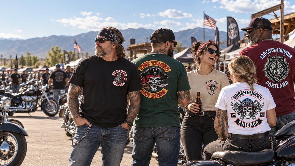 Multiple American motorcycle clubs wearing varied custom short-sleeve T-shirts at a large V-twin rally.