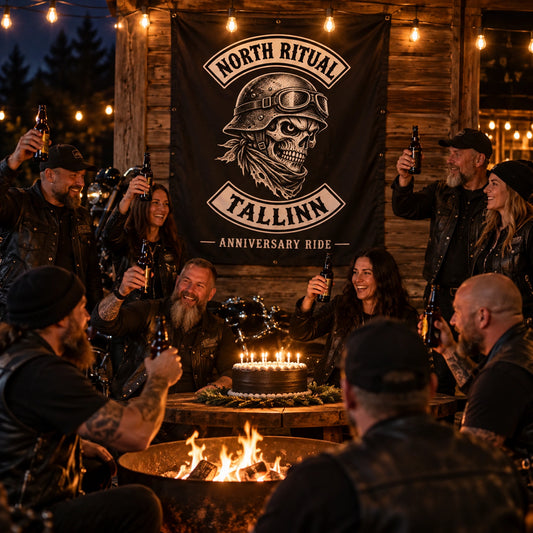 Founding and newer members posing with a custom motorcycle club anniversary banner.