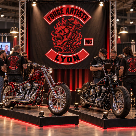 A custom motorcycle club banner creating a strong display behind polished bikes at an exhibition.