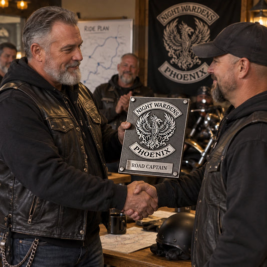 Motorcycle club officer recognition metal sign presented to a road captain.