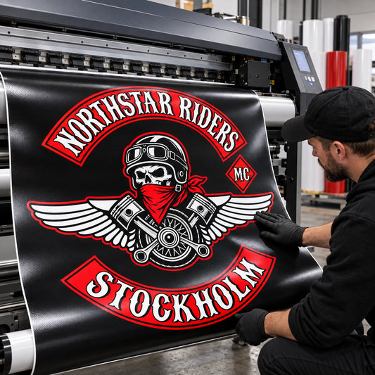 A print technician producing a durable custom motorcycle club banner with clear logo detail.