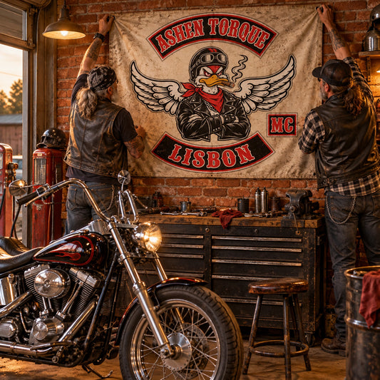 Custom bike builders displaying a vintage-style motorcycle club banner in an old workshop.