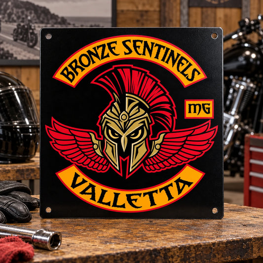 Printed motorcycle club metal sign reproducing detailed approved artwork on a solid panel.