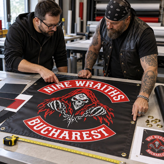 Club officers confirming artwork and material details for a custom event banner.