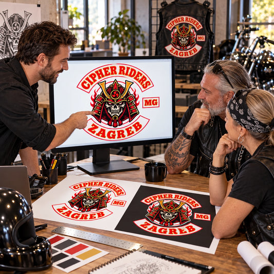 A designer developing a custom motorcycle club banner concept from authorized logo artwork.