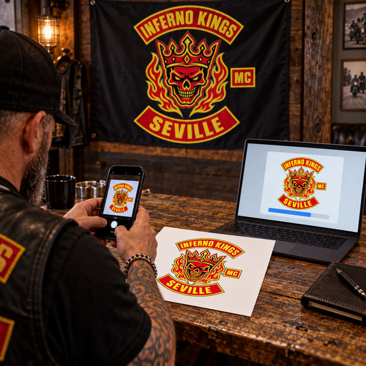 A club representative submitting authorized artwork for a custom motorcycle event banner.