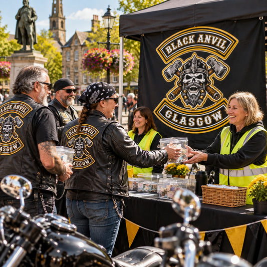 Riders and volunteers using a custom club banner at a motorcycle charity ride.