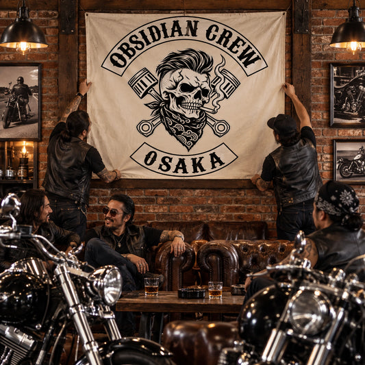 A permanent custom club banner displayed inside a motorcycle clubhouse meeting room.