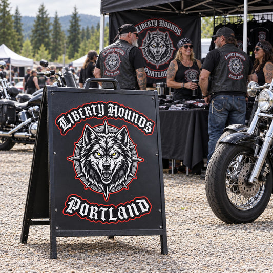 Portable motorcycle club metal A-frame sign identifying a club meeting point at an independent rally.