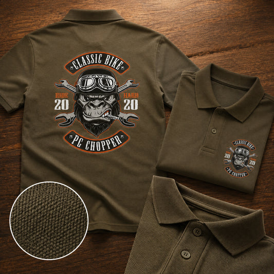 Khaki Classic Bike polo display with a large back logo, left chest emblem, structured collar and placket, and a close pique weave swatch.
