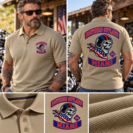 Khaki Southern Outlaws Miami polo construction display highlights cotton piqué texture, structured placket and club logo placements.