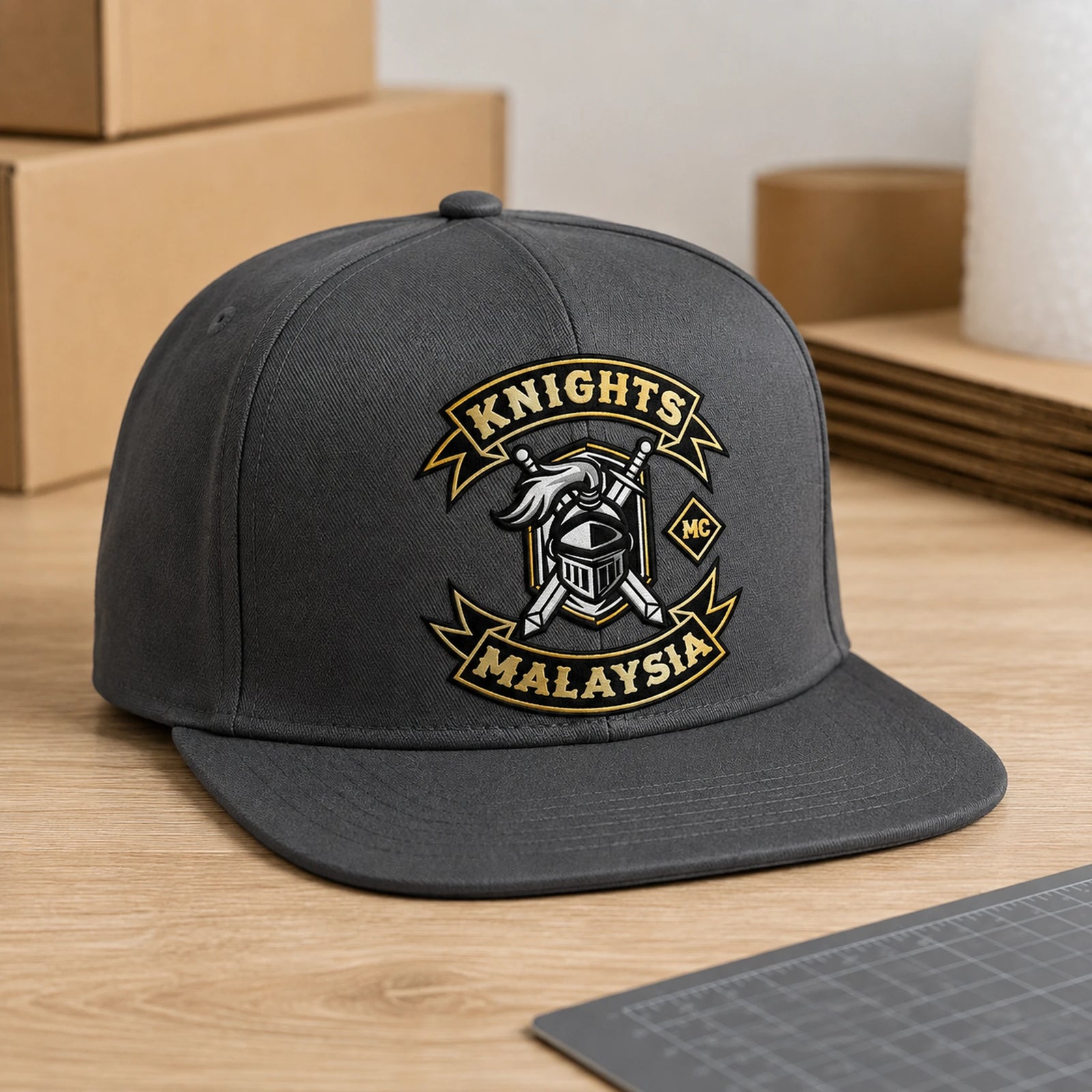 A slate motorcycle club flat-brim cap demonstrates a smooth structured cotton-poly blend.