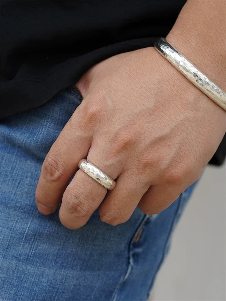 Couples Hammered 925 Sterling Silver Biker Band Ring product view 3