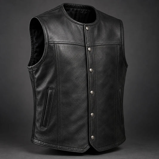 Black cowhide motorcycle club vest showing structured leather grain and clean stitching.