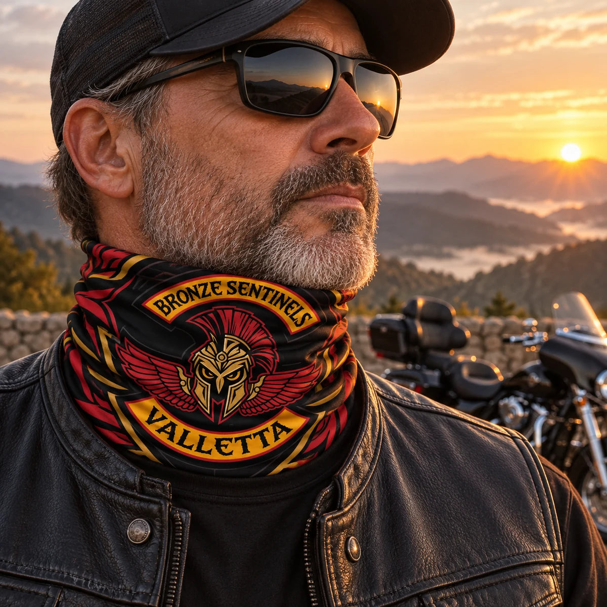 山道の待避所で、ツーリング中のライダーが、公認のライオンのエンブレムが描かれた全面プリントのモーターサイクルクラブのネックゲイターを身につけている。