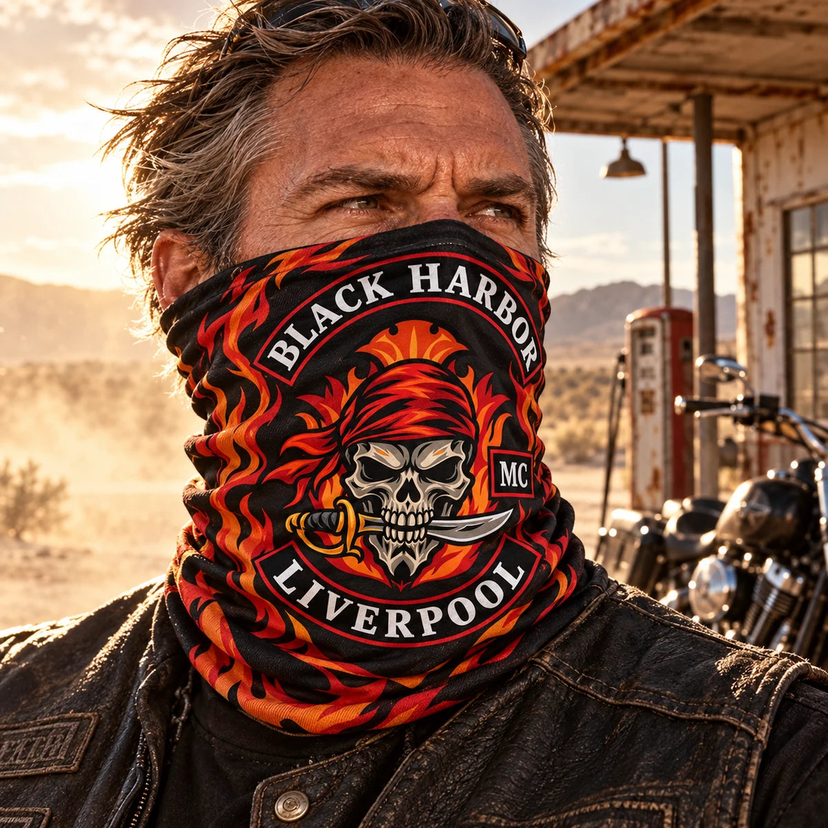 オートバイクラブのライダーが砂漠の休憩所で、ブラック・フラッグの公認エンブレムが入った全面プリントのフェイスカバーゲイターを着用している。