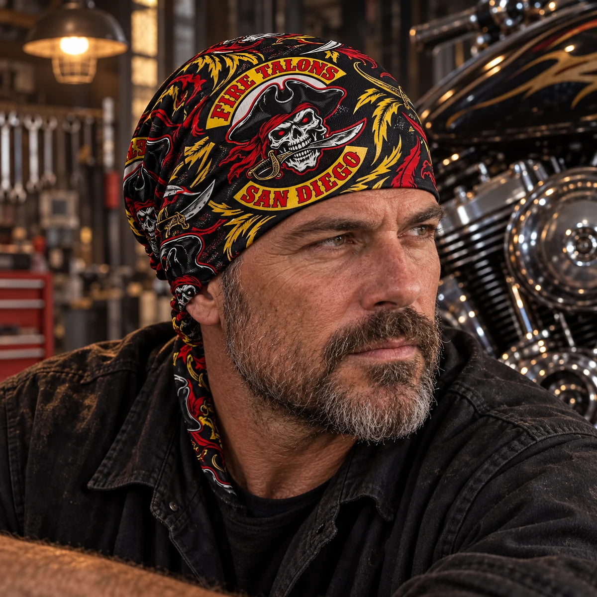 ワークショップで、トライバルライダースの公式エンブレムの入った特注のネックゲイターをヘッドカバーとして着用しているモーターサイクルクラブのメンバー。
