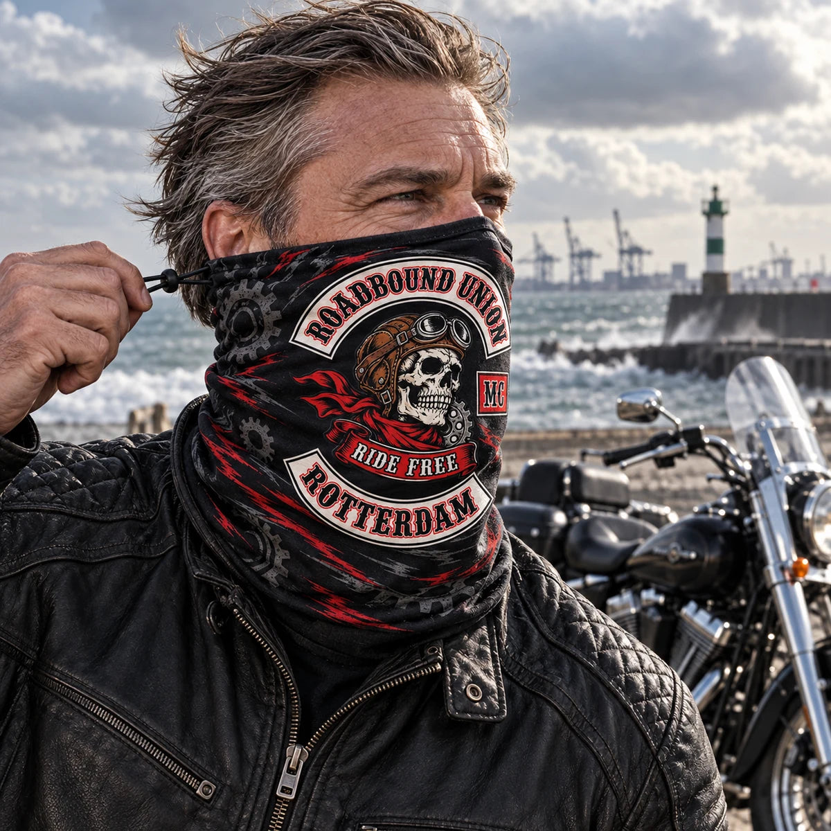 バイク乗りが、サウスサイダーズ・モーターサイクルクラブの公認エンブレムをあしらった特注のドローコード付きネックゲイターを調整している。