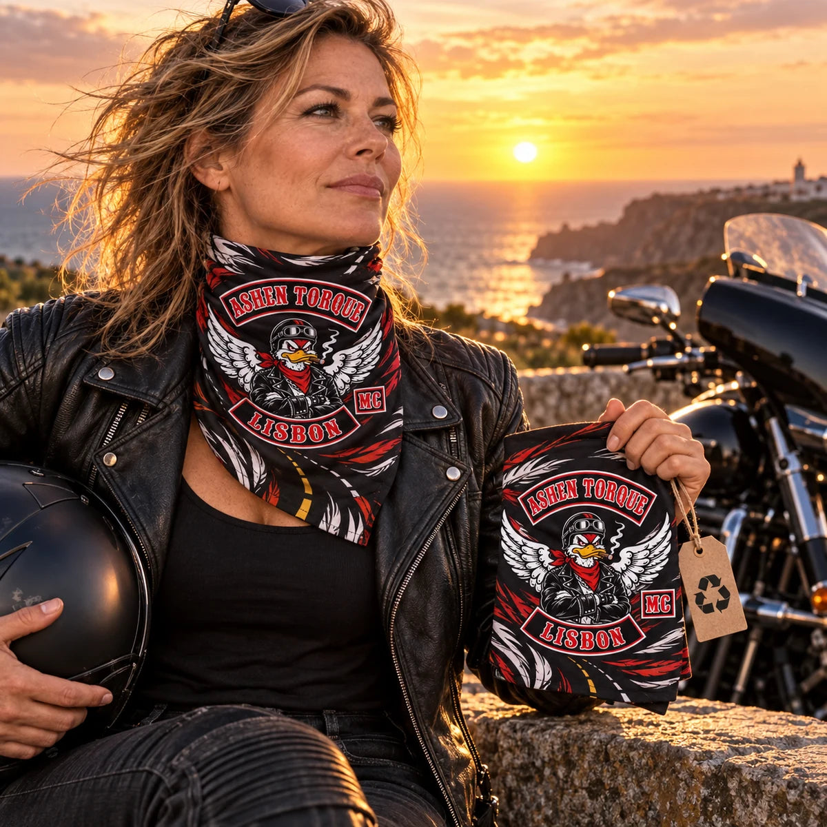 女性のライダーが、独立系MCの公認エンブレムがあしらわれたリサイクルポリエステル製のクラブゲイターを身につけ、夕焼けの中にいる。